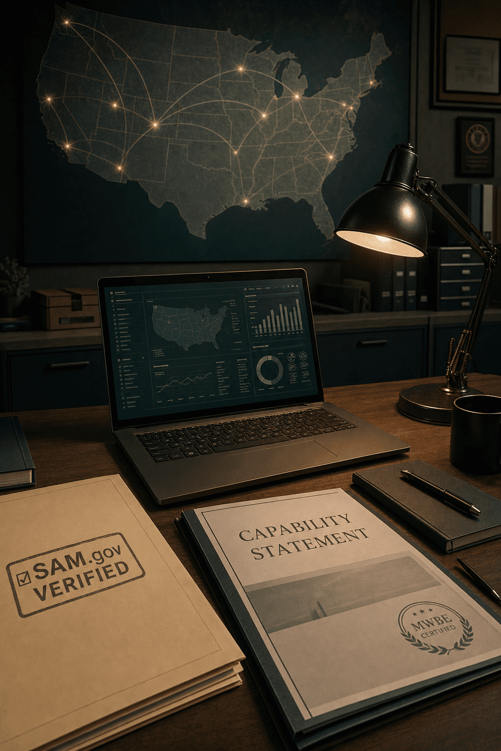 Government contracting operations center — SAM.gov verified folder, logistics compliance dashboard, mission-ready atmosphere. No people.