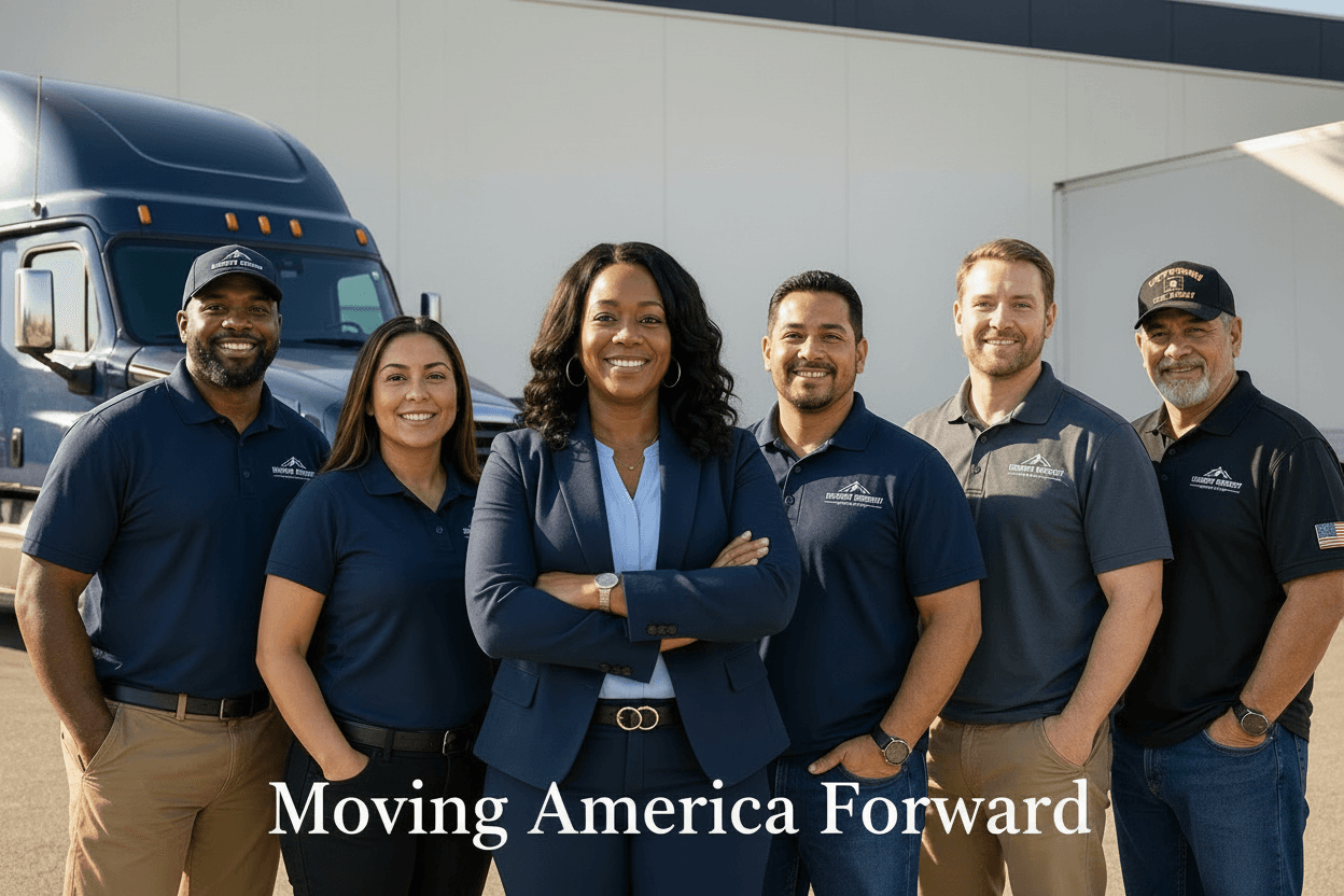 Diverse Archangel Global Logistics team of six people including women, Black, Hispanic, men, and veteran team members, with the tagline Moving America Forward