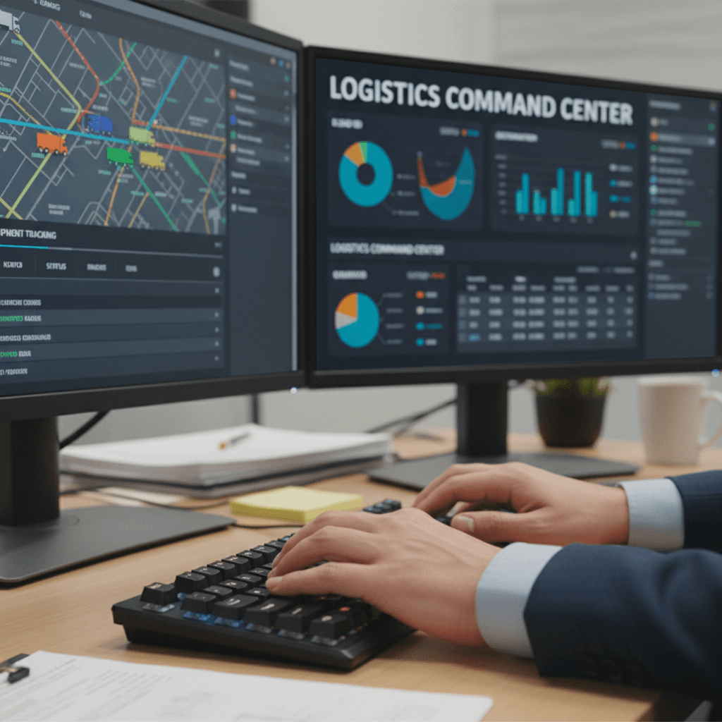 Freight brokerage manager typing at desk with logistics software on monitors