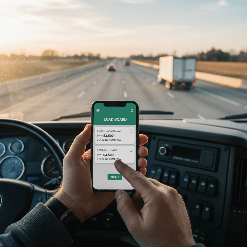 Truck driver using mobile app to view available freight loads